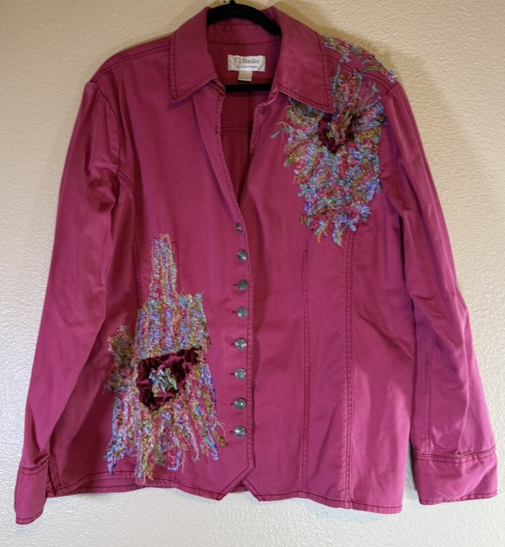 CJ Banks Jacket Plus 2X Pink Button Front Stretch Denim Style Embellished